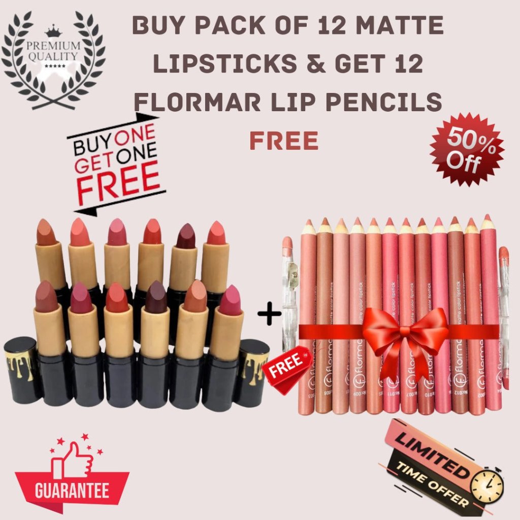 Buy Pack of 12 Matte Lipsticks & Get 12 Flormar Pencils Free