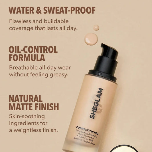 SheGlam Complexion Pro Long Lasting Breathable Matte Foundation and Get Blender Free