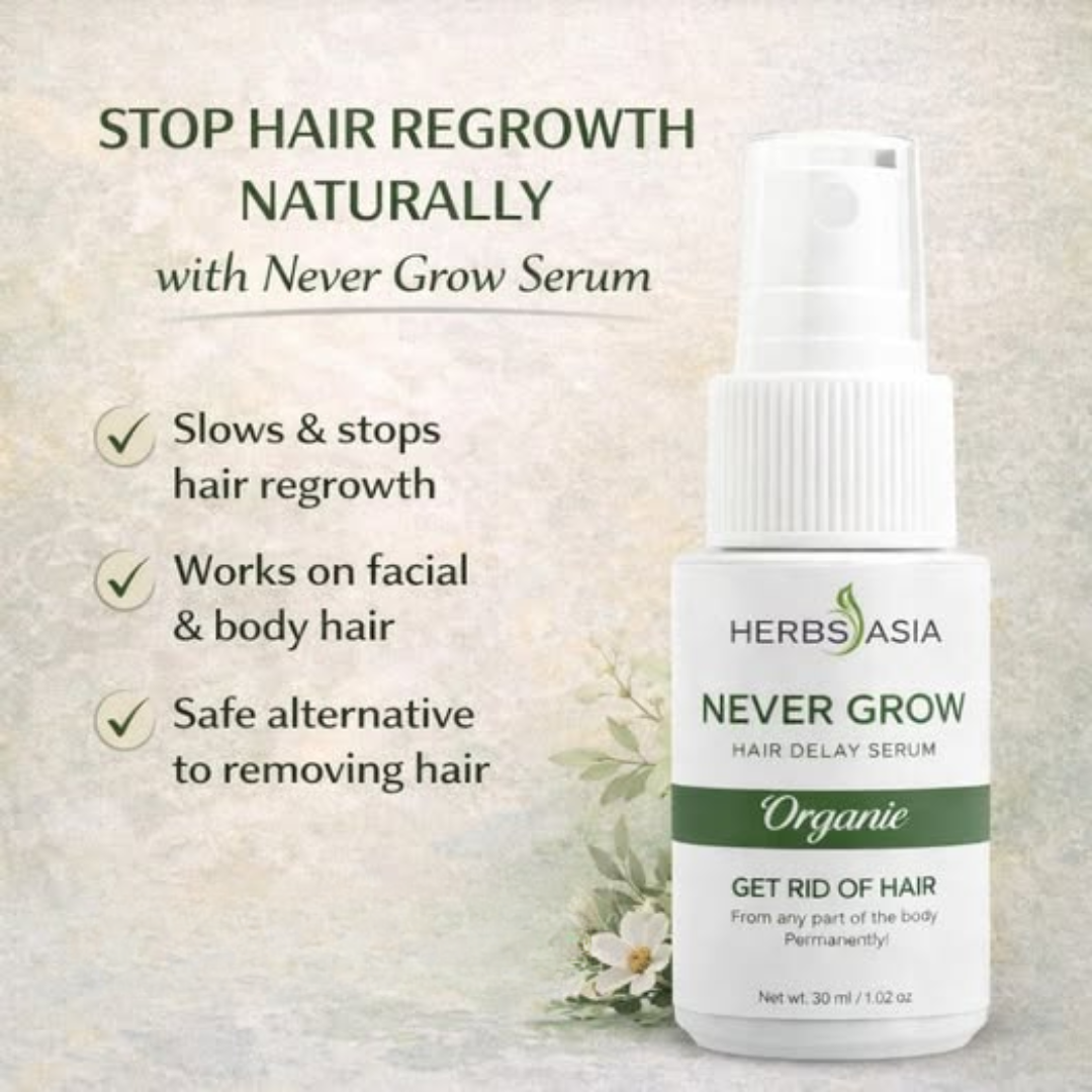 Herbs Asia Never Grow Hair Delay Serum | Permanent Hair Growth Inhibitor for Face & Body | Buy 1 Get 1 Free
