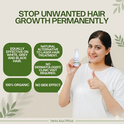 Herbs Asia Never Grow Hair Delay Serum | Permanent Hair Growth Inhibitor for Face & Body | Buy 1 Get 1 Free