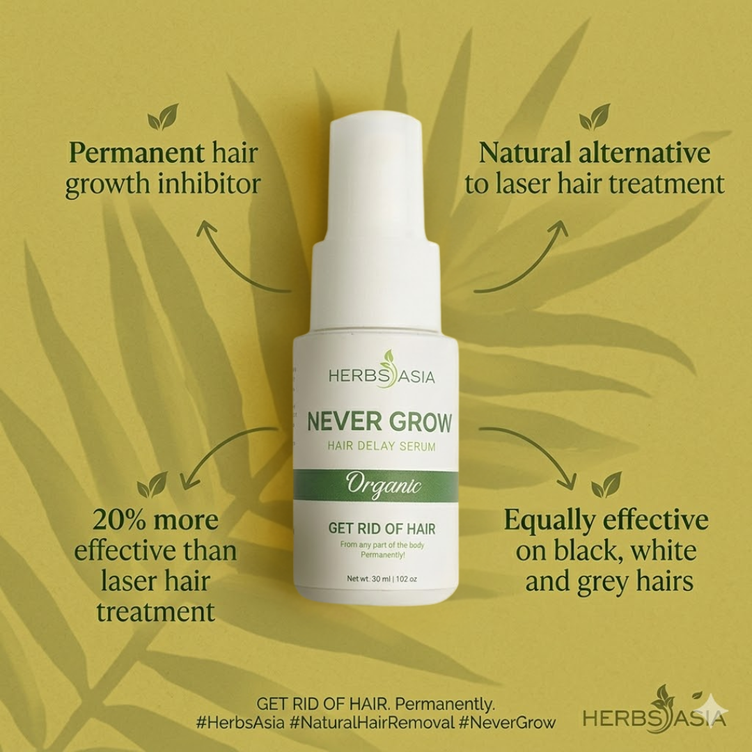 Herbs Asia Never Grow Hair Delay Serum | Permanent Hair Growth Inhibitor for Face & Body | Buy 1 Get 1 Free
