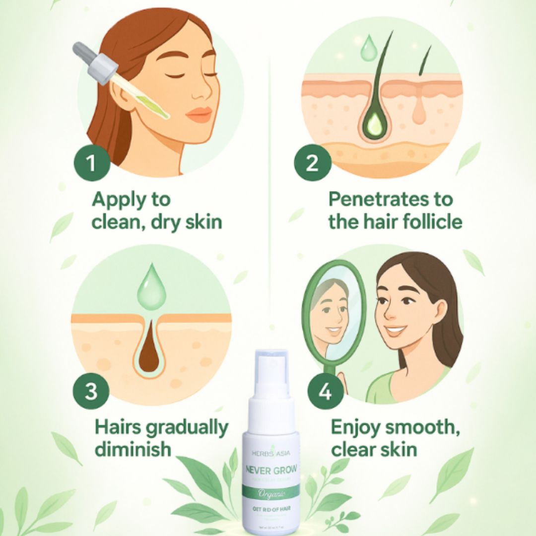 Herbs Asia Never Grow Hair Delay Serum | Permanent Hair Growth Inhibitor for Face & Body | Buy 1 Get 1 Free