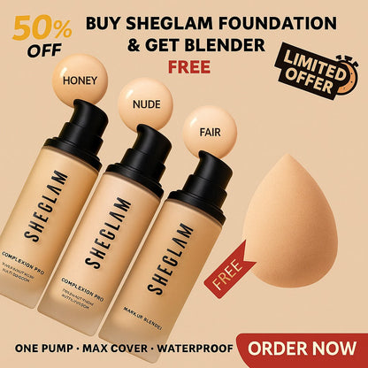 SheGlam Complexion Pro Long Lasting Breathable Matte Foundation and Get Blender Free