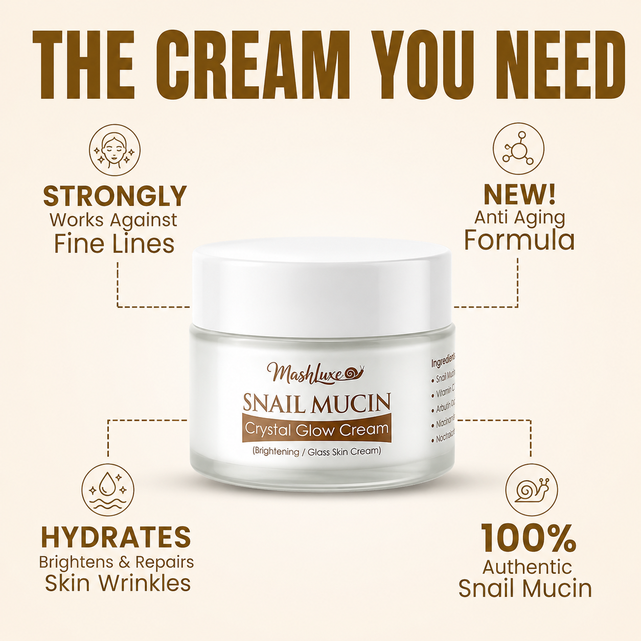 Mashluxe Snail Mucin Crystal Glow Cream & Snail Mucin Vitamin C Serum 30ml Combo