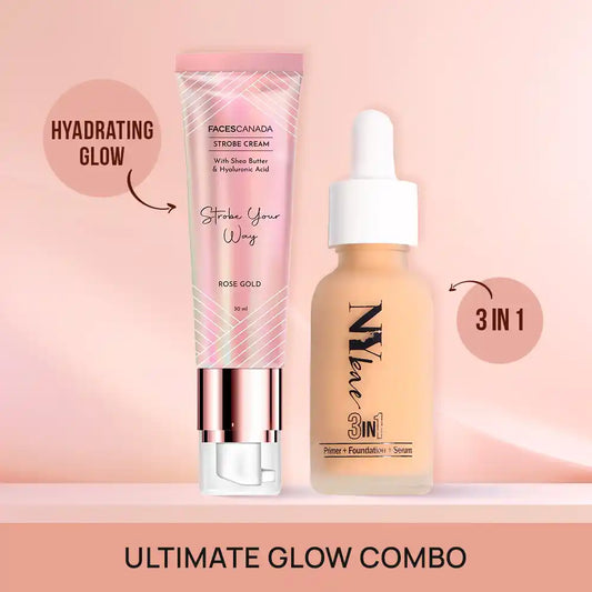 Faces Canada x NY Bae Ultimate Glow Combo (Faces Canada Strobe Cream Rose-gold (30 gm) + NY Bae 3 in 1 Serum Foundation with Primer Warm Milk 09 (30 ml