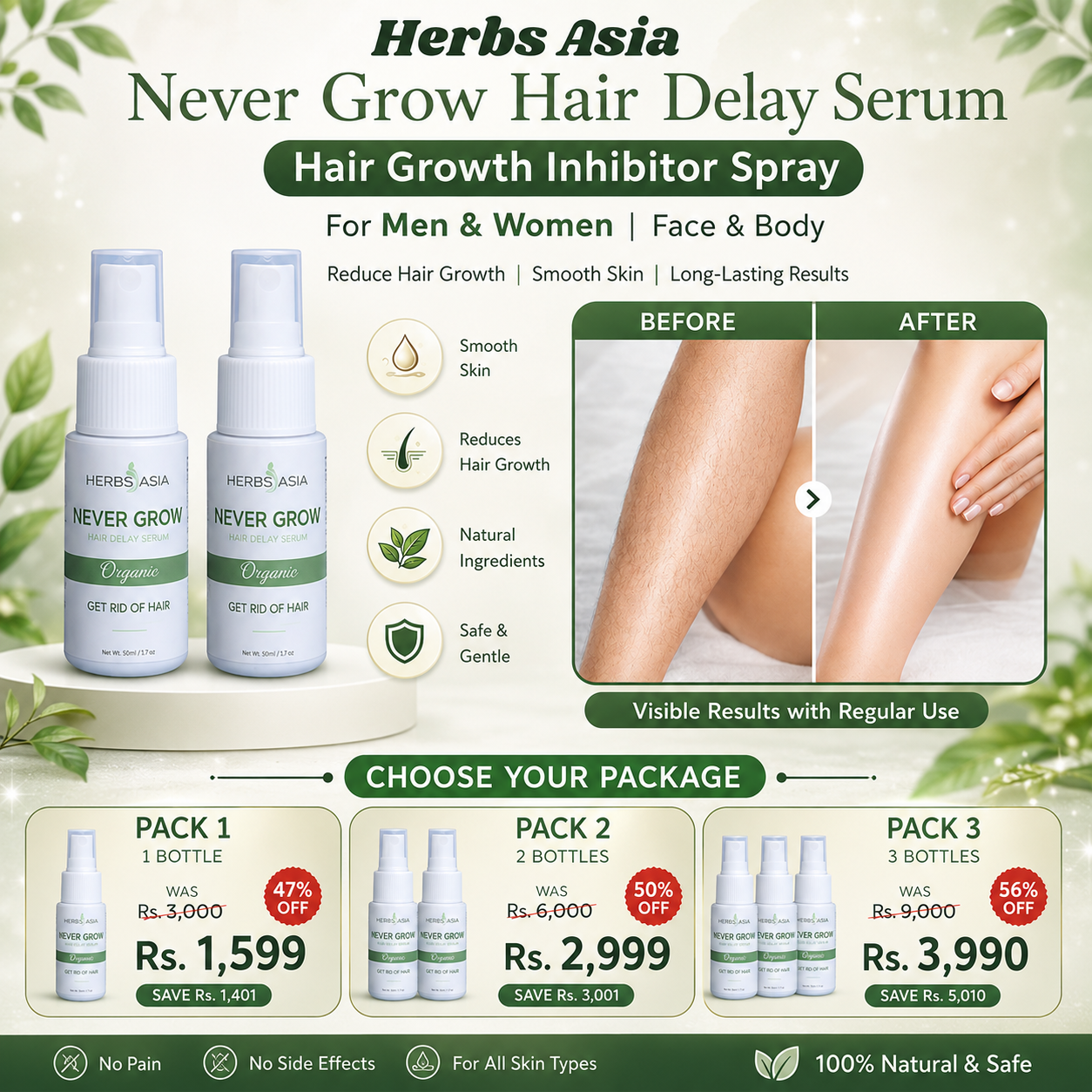 Herbs Asia Never Grow Hair Delay Serum | Hair Growth Inhibitor Spray for Men & Women | Face & Body